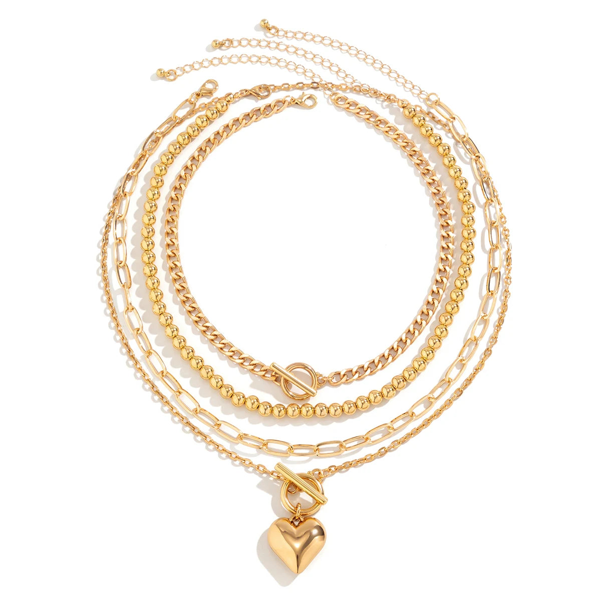 4Pcs/Set Punk Gold Color Heart Pendant Necklace for Women 2024 Trendy OT Buckle Beaded Neck Chain Choker Y2K Jewelry Accessories Leedoar