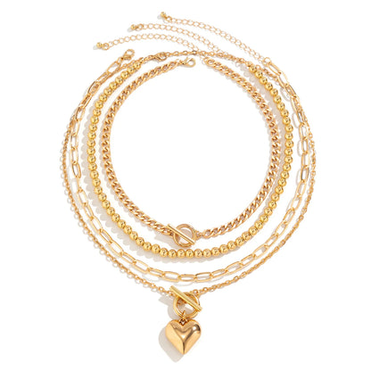 4Pcs/Set Punk Gold Color Heart Pendant Necklace for Women 2024 Trendy OT Buckle Beaded Neck Chain Choker Y2K Jewelry Accessories Leedoar