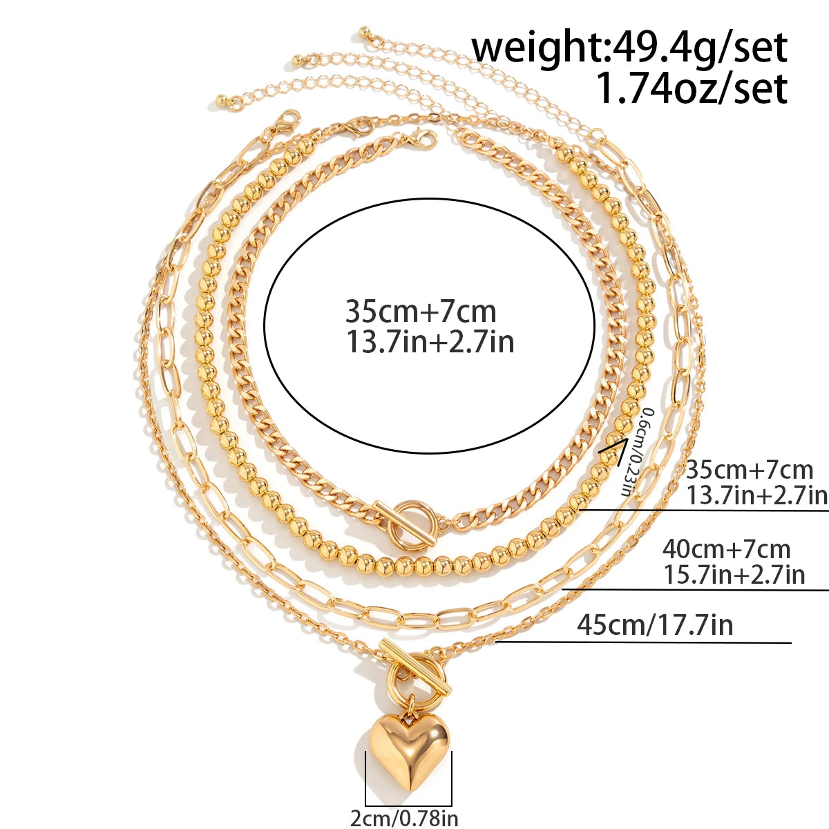 4Pcs/Set Punk Gold Color Heart Pendant Necklace for Women 2024 Trendy OT Buckle Beaded Neck Chain Choker Y2K Jewelry Accessories Leedoar