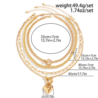 4Pcs/Set Punk Gold Color Heart Pendant Necklace for Women 2024 Trendy OT Buckle Beaded Neck Chain Choker Y2K Jewelry Accessories Leedoar