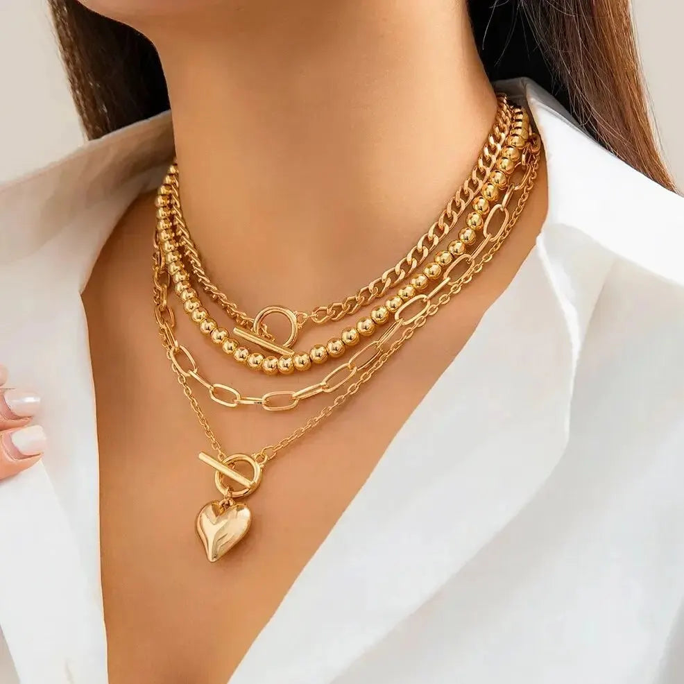 4Pcs/Set Punk Gold Color Heart Pendant Necklace for Women 2024 Trendy OT Buckle Beaded Neck Chain Choker Y2K Jewelry Accessories Leedoar