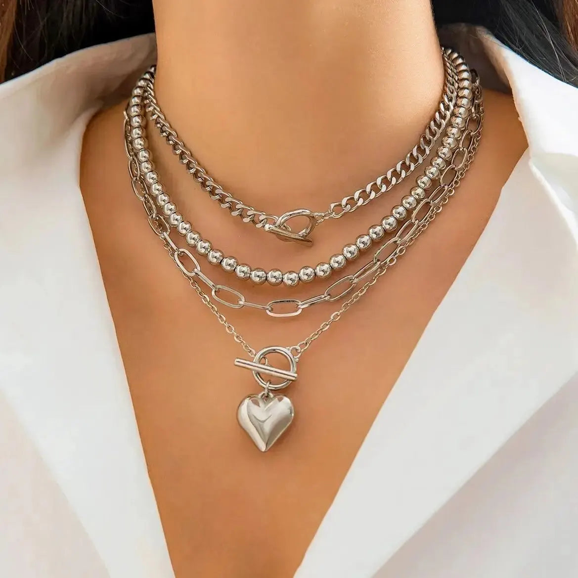 4Pcs/Set Punk Gold Color Heart Pendant Necklace for Women 2024 Trendy OT Buckle Beaded Neck Chain Choker Y2K Jewelry Accessories Leedoar