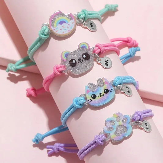 4 piezas de lindo gatito oso donut cuerda elástica BFF buenos amigos pulsera para niños cuerda para el cabello 