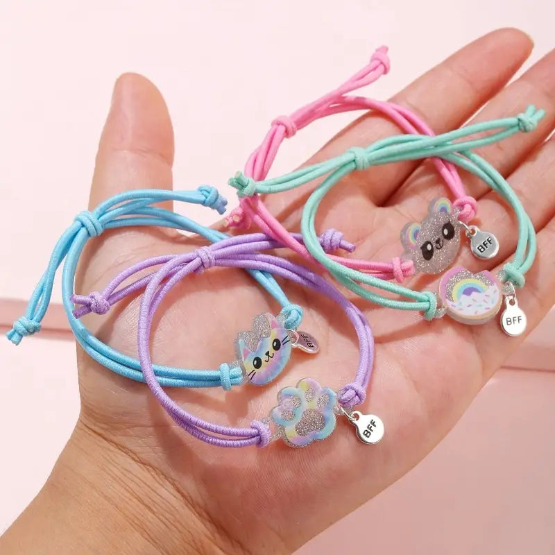 4 peças de corda elástica de gatinho fofo urso donut bff bons amigos crianças pulseira corda de cabelo 