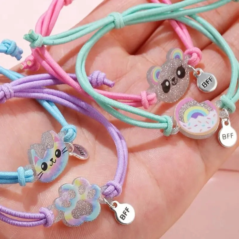 4 peças de corda elástica de gatinho fofo urso donut bff bons amigos crianças pulseira corda de cabelo 