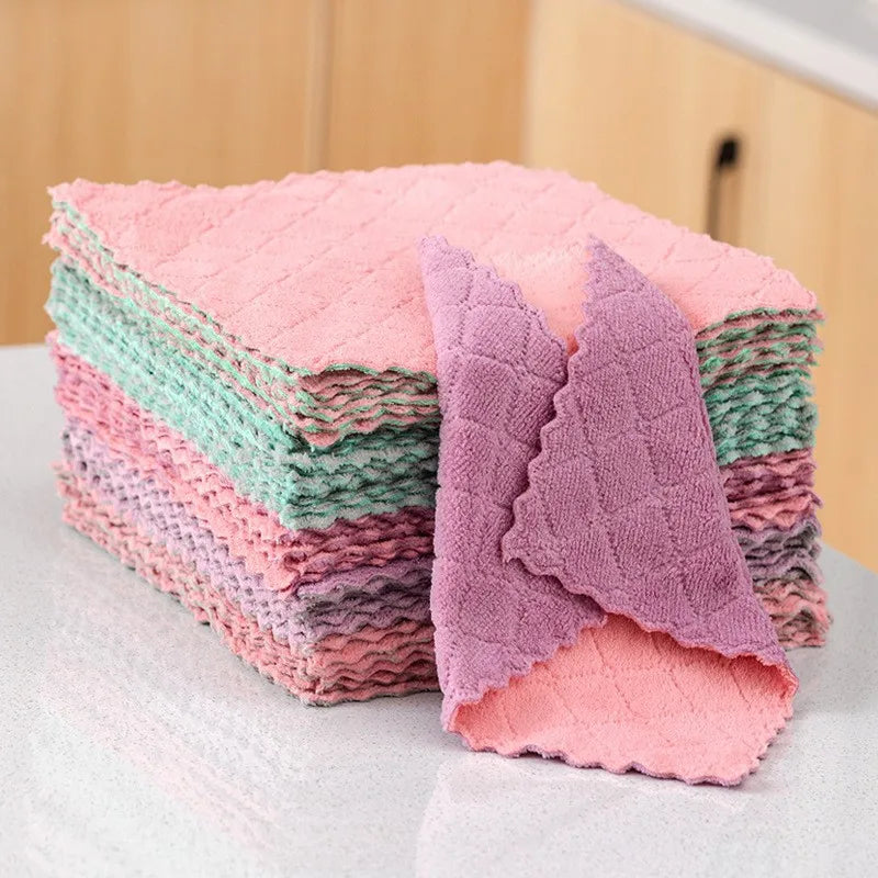 5/10pcs Soft Reusable Dish Towels, Thickened Coral Fleece CleaningRags, Household Absorbent Non-shedding Dishwashing Cloth,Doubl Leedoar