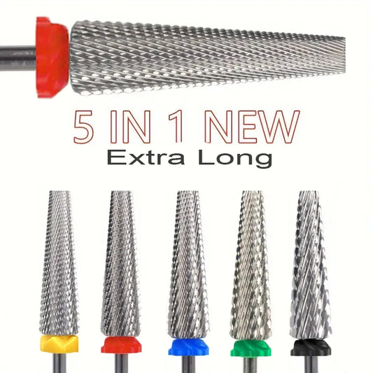 5 In 1 Extra Long Tungsten Carbide Nail Drill Bits Set, Safety Nail Salon Accessories, Efficient Removal Of Gel Polish Acrylic N Leedoar