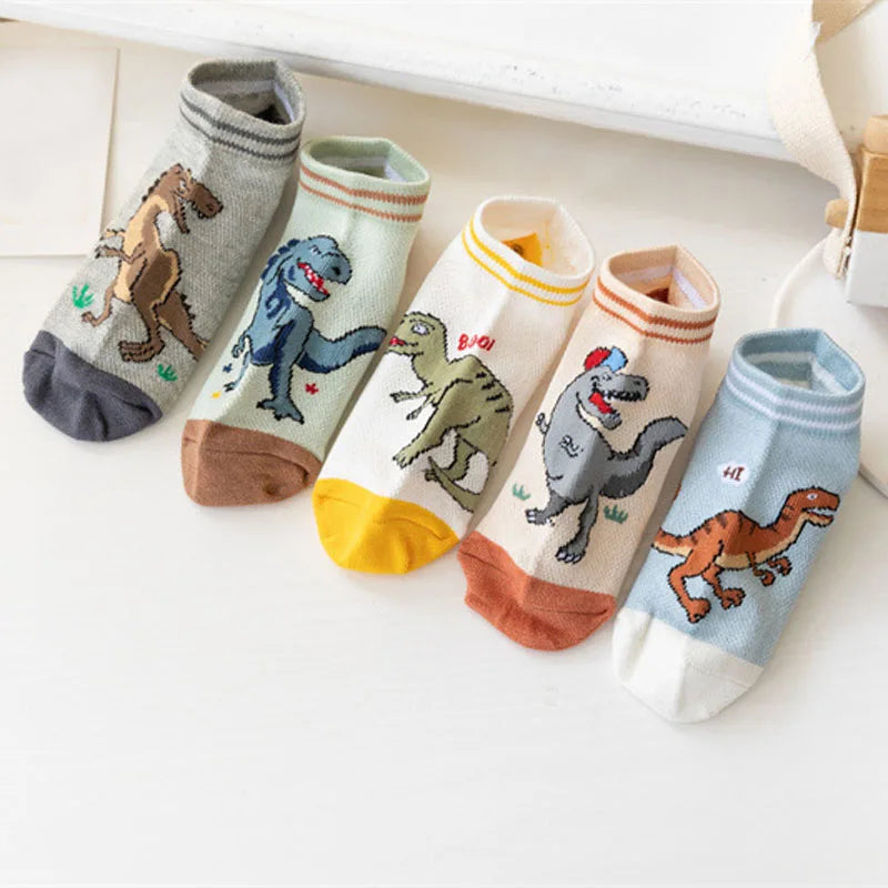 5 Pairs Boy's Dinosaur Pattern Socks Comfortable Breathable Casual Soft Kids Socks Leedoar