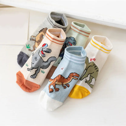 5 Pairs Boy's Dinosaur Pattern Socks Comfortable Breathable Casual Soft Kids Socks Leedoar