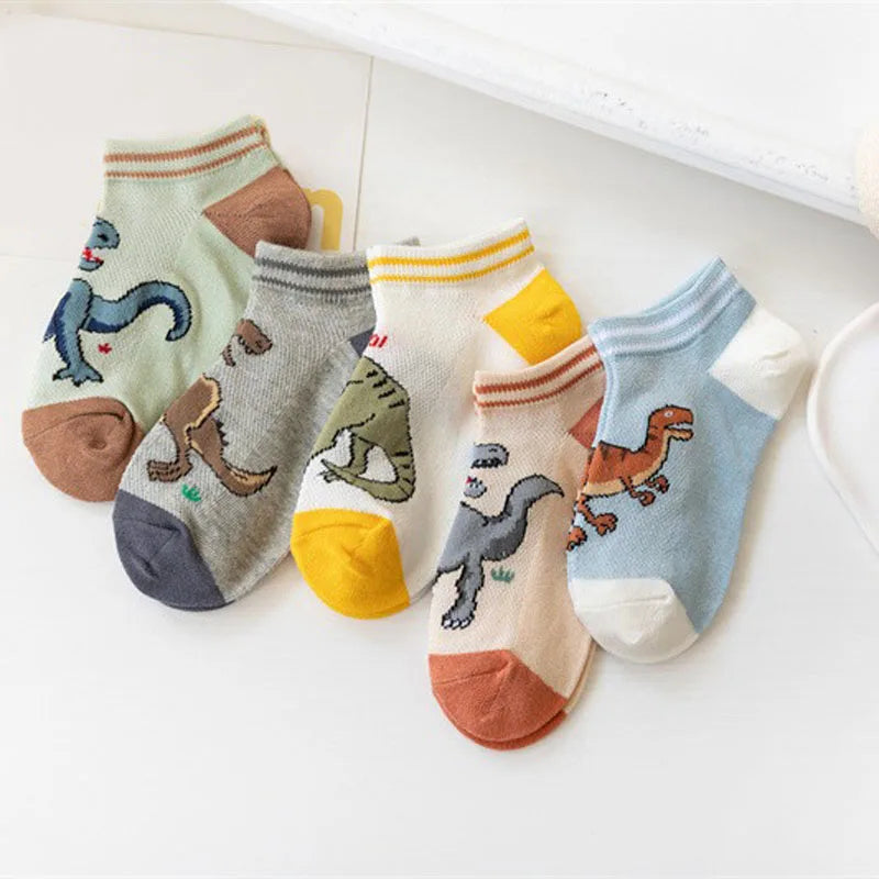 5 Pairs Boy's Dinosaur Pattern Socks Comfortable Breathable Casual Soft Kids Socks Leedoar