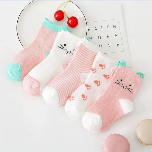 5 Pairs Cartoon Baby Socks Cute Cat Animal Soft Cotton Knit Baby Girl Kids Boy Newborn Boys Children's Socks for 0-6 Years Leedoar