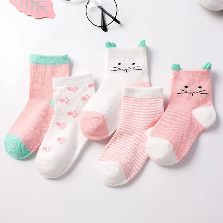 5 Pairs Cartoon Baby Socks Cute Cat Animal Soft Cotton Knit Baby Girl Kids Boy Newborn Boys Children's Socks for 0-6 Years Leedoar