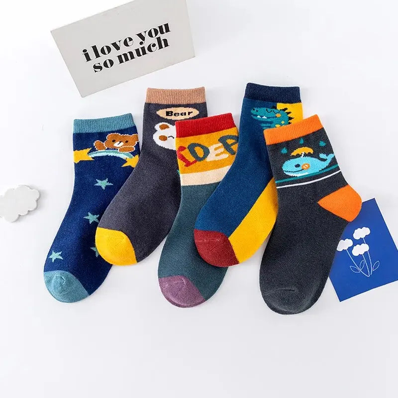 5 Pairs Children Sock Medium Length Anime CartoonComfort Warm High Quality Kids Baby Socks Boy Socks Four Seasons Leedoar