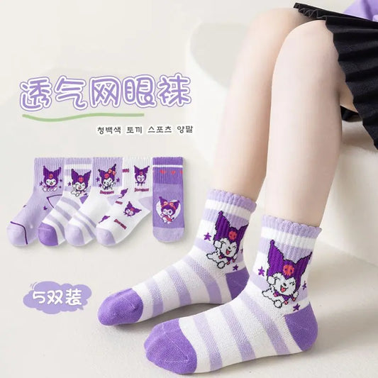 5 pares de calcetines de algodón Kuromi Sanrio, calcetines de verano para niños, calcetines de malla transpirables hasta media pantorrilla, calcetines de dibujos animados para estudiantes 