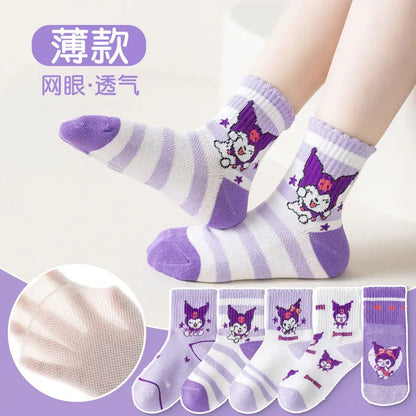 5 pares de calcetines de algodón Kuromi Sanrio, calcetines de verano para niños, calcetines de malla transpirables hasta media pantorrilla, calcetines de dibujos animados para estudiantes 