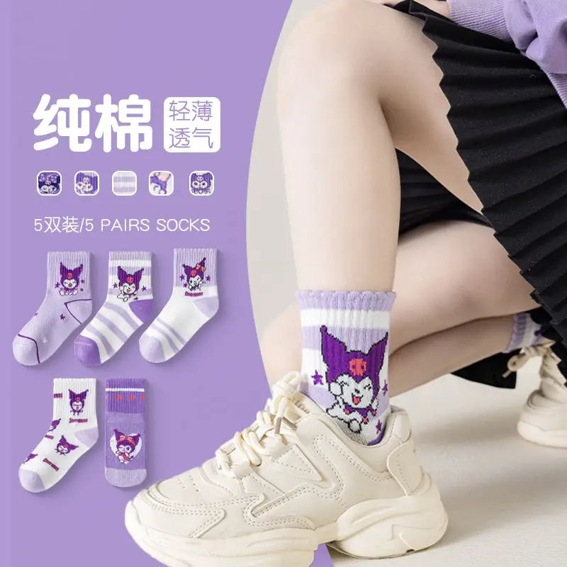 5 pares de calcetines de algodón Kuromi Sanrio, calcetines de verano para niños, calcetines de malla transpirables hasta media pantorrilla, calcetines de dibujos animados para estudiantes 