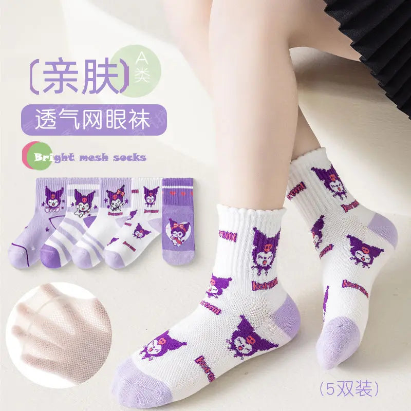 5 pares de calcetines de algodón Kuromi Sanrio, calcetines de verano para niños, calcetines de malla transpirables hasta media pantorrilla, calcetines de dibujos animados para estudiantes 