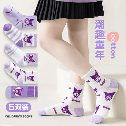 5 pares de calcetines de algodón Kuromi Sanrio, calcetines de verano para niños, calcetines de malla transpirables hasta media pantorrilla, calcetines de dibujos animados para estudiantes 