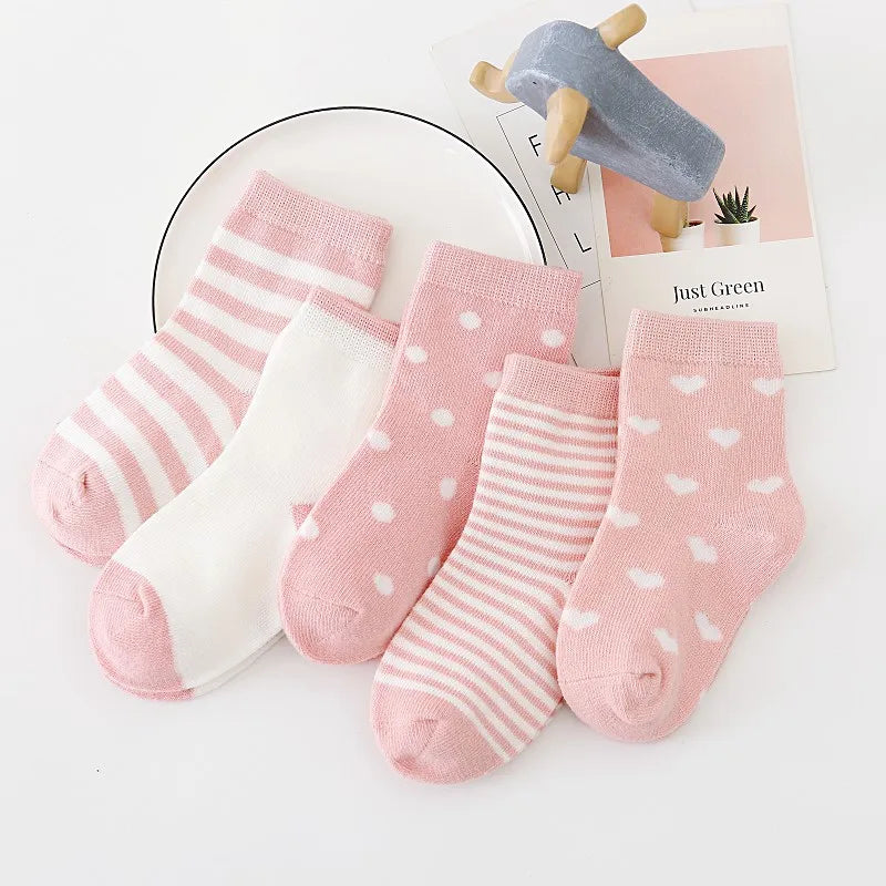 5 Pairs/Lot Children Cotton Socks Boy Girl Baby Newborn Infant Warm Stripe Dots Fashion For Autumn Winter Cartoon Soft Kids Sock Leedoar