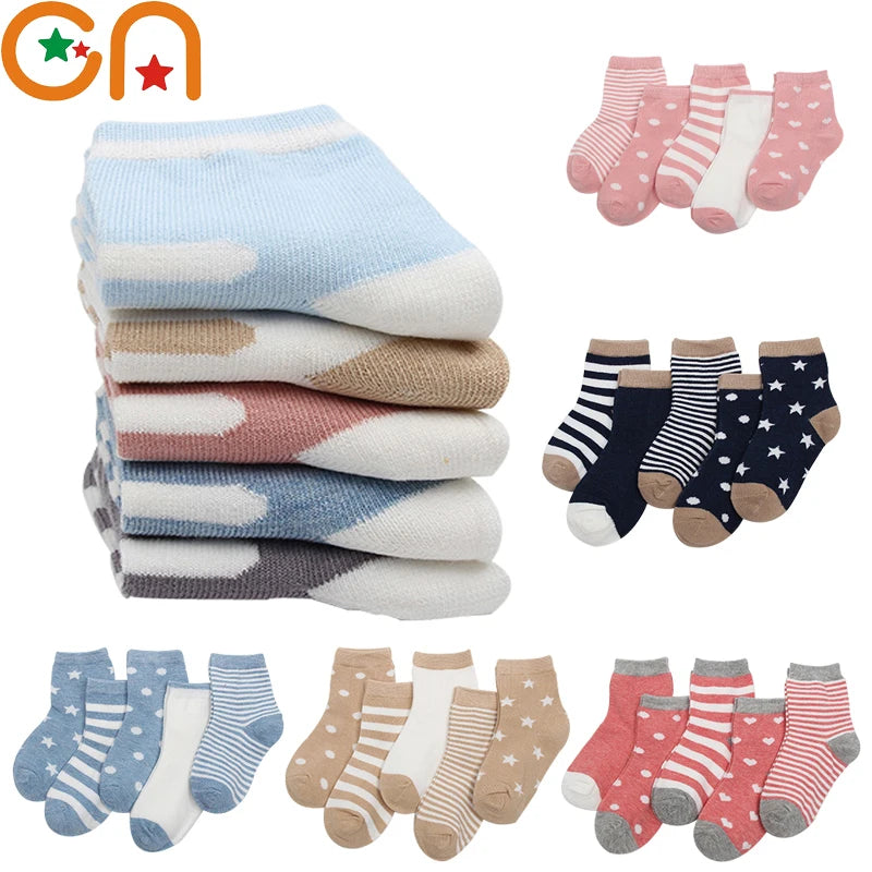 5 Pairs/Lot Children Cotton Socks Boy Girl Baby Newborn Infant Warm Stripe Dots Fashion For Autumn Winter Cartoon Soft Kids Sock Leedoar