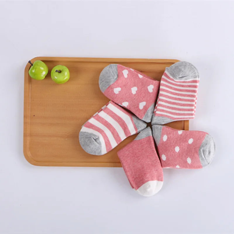 5 Pairs/Lot Children Cotton Socks Boy Girl Baby Newborn Infant Warm Stripe Dots Fashion For Autumn Winter Cartoon Soft Kids Sock Leedoar