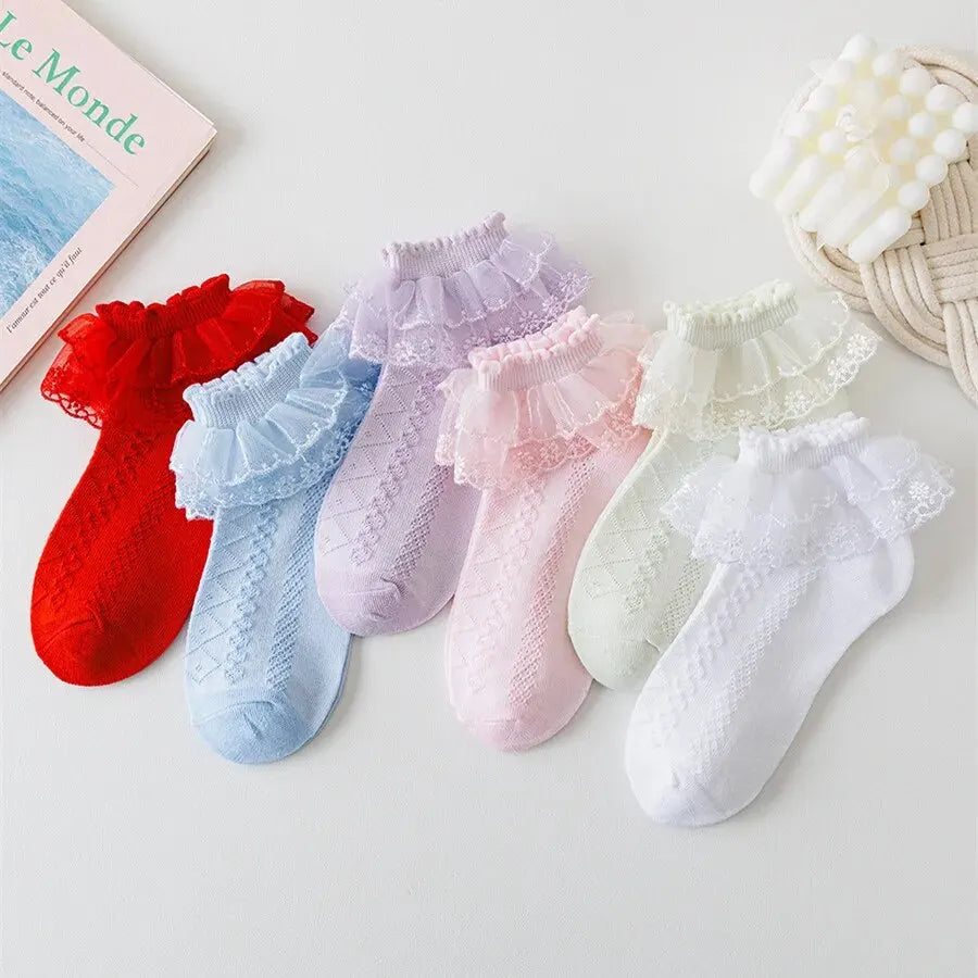 5 Pairs/Lot Girls Socks Summer New Mesh Style Cotton Thin Baby Socks Trendy Elastic White Lace Flowers Children Princess Socks Leedoar