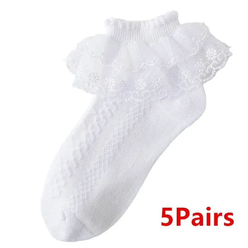 5 Pairs/Lot Girls Socks Summer New Mesh Style Cotton Thin Baby Socks Trendy Elastic White Lace Flowers Children Princess Socks Leedoar