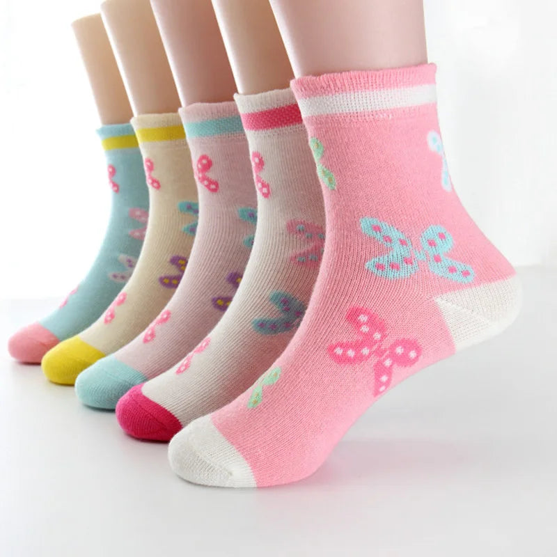 5 Pairs/Lot Spring Autumn High Quality Girls Socks Cotton Butterfly Candy Color Socks For Girls 3- 12 Year Children Socks Leedoar