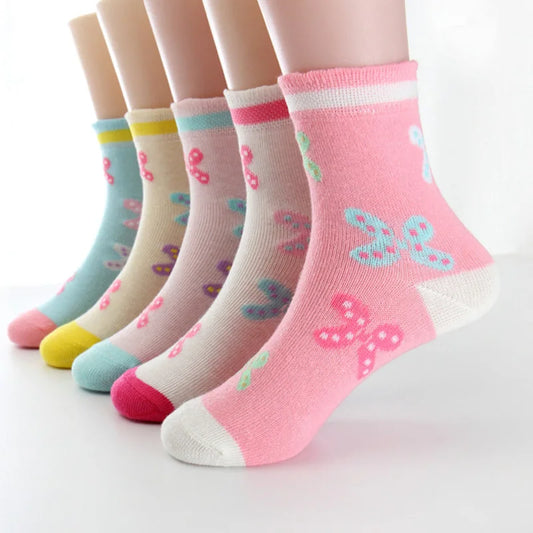 5 Pairs/Lot Spring Autumn High Quality Girls Socks Cotton Butterfly Candy Color Socks For Girls 3- 12 Year Children Socks Leedoar