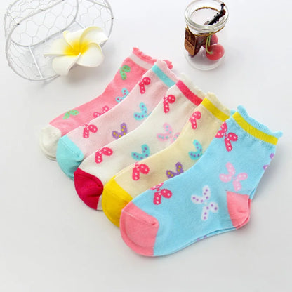 5 Pairs/Lot Spring Autumn High Quality Girls Socks Cotton Butterfly Candy Color Socks For Girls 3- 12 Year Children Socks Leedoar