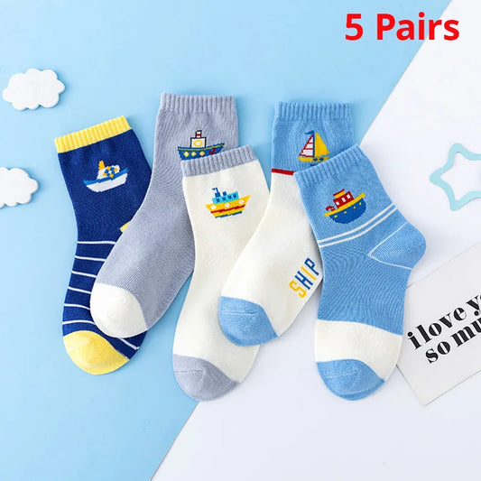 5 Pairs Of New Autumn And Winter Childrens Socks Striped Sailboat Boys Socks 4 to 8 Year Old Socks Leedoar