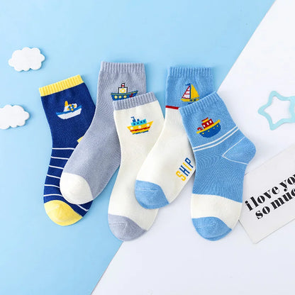 5 Pairs Of New Autumn And Winter Childrens Socks Striped Sailboat Boys Socks 4 to 8 Year Old Socks Leedoar