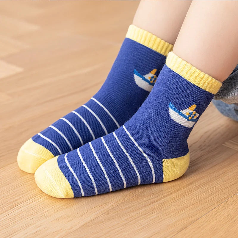 5 Pairs Of New Autumn And Winter Childrens Socks Striped Sailboat Boys Socks 4 to 8 Year Old Socks Leedoar