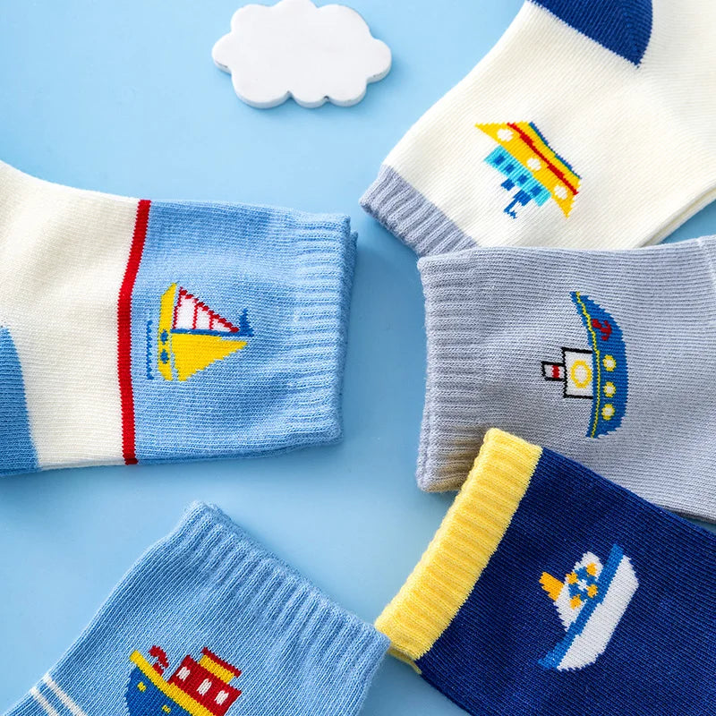 5 Pairs Of New Autumn And Winter Childrens Socks Striped Sailboat Boys Socks 4 to 8 Year Old Socks Leedoar