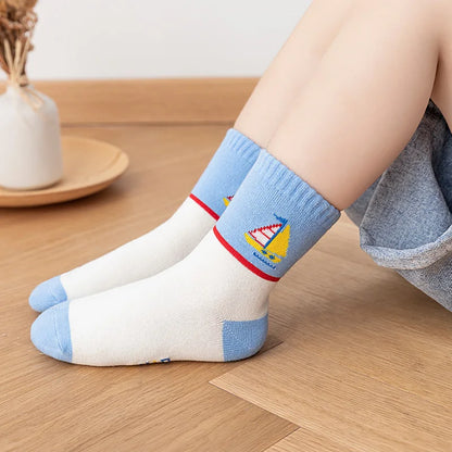 5 Pairs Of New Autumn And Winter Childrens Socks Striped Sailboat Boys Socks 4 to 8 Year Old Socks Leedoar