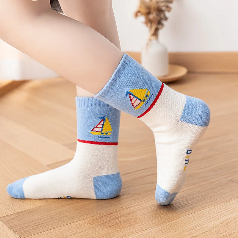 5 Pairs Of New Autumn And Winter Childrens Socks Striped Sailboat Boys Socks 4 to 8 Year Old Socks Leedoar