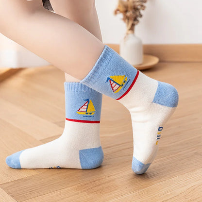 5 Pairs Of New Autumn And Winter Childrens Socks Striped Sailboat Boys Socks 4 to 8 Year Old Socks Leedoar