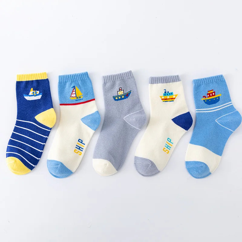 5 Pairs Of New Autumn And Winter Childrens Socks Striped Sailboat Boys Socks 4 to 8 Year Old Socks Leedoar