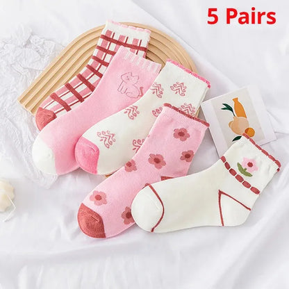 5 Pairs Pink Flower Knit Warm Childrens Socks For Girls Socks Kids Womens Cute Cartoon Medium Stockings Leedoar