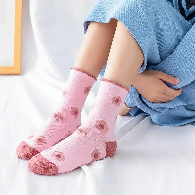 5 Pairs Pink Flower Knit Warm Childrens Socks For Girls Socks Kids Womens Cute Cartoon Medium Stockings Leedoar