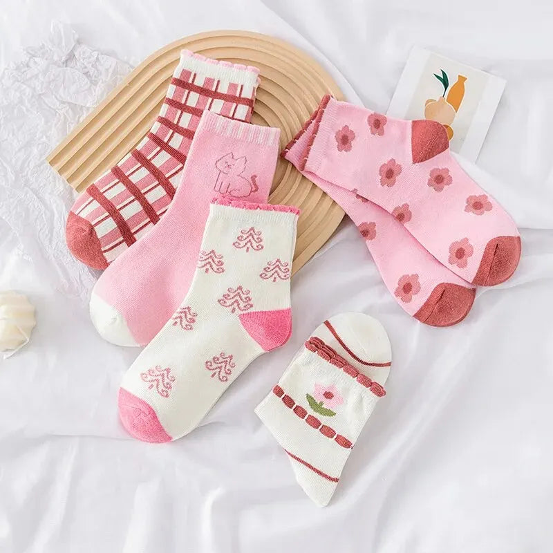 5 Pairs Pink Flower Knit Warm Childrens Socks For Girls Socks Kids Womens Cute Cartoon Medium Stockings Leedoar