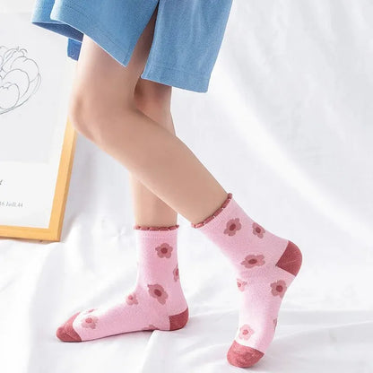 5 Pairs Pink Flower Knit Warm Childrens Socks For Girls Socks Kids Womens Cute Cartoon Medium Stockings Leedoar