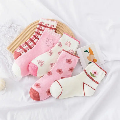 5 Pairs Pink Flower Knit Warm Childrens Socks For Girls Socks Kids Womens Cute Cartoon Medium Stockings Leedoar