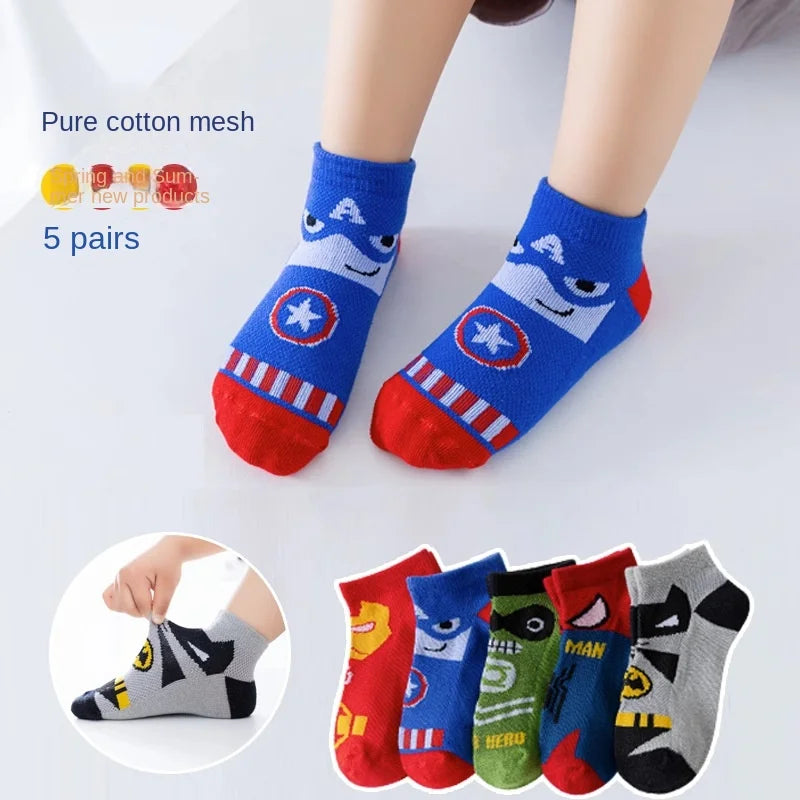 5 Pairs of Spring and Summer Thin European and American Fashion Cartoon Mesh Breathable Comfortable Sports Boys Cotton Socks Leedoar