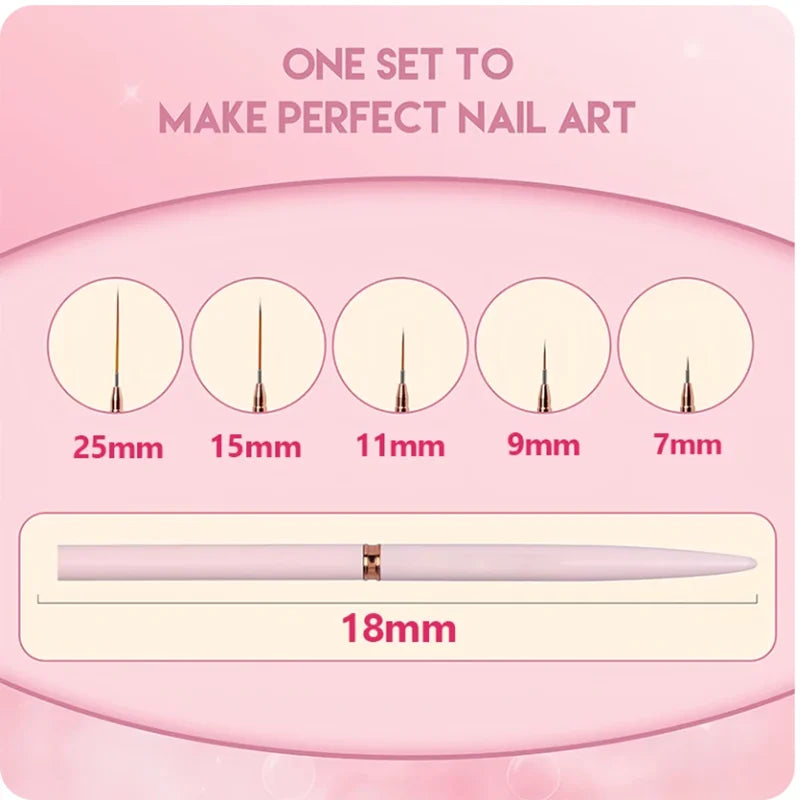 5 Pcs Nail Art Liner Brushes Set Elongated Lines Striping Drawing UV Gel Painting Nail Design Pen Professional Manicure Tool Leedoar