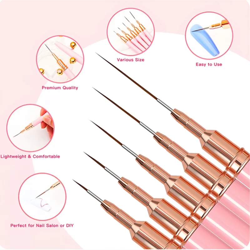 5 Pcs Nail Art Liner Brushes Set Elongated Lines Striping Drawing UV Gel Painting Nail Design Pen Professional Manicure Tool Leedoar