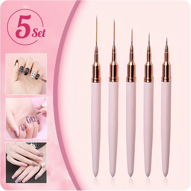 5 Pcs Nail Art Liner Brushes Set Elongated Lines Striping Drawing UV Gel Painting Nail Design Pen Professional Manicure Tool Leedoar