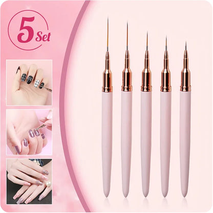 5 Pcs Nail Art Liner Brushes Set Elongated Lines Striping Drawing UV Gel Painting Nail Design Pen Professional Manicure Tool Leedoar