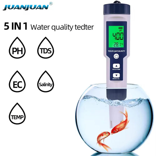 5 in 1 PH Meter Water Quality Tester Digital TDS EC PH Salinity Temperature Meter for Pools Aquariums Water With Backlight