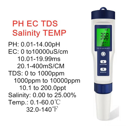 5 in 1 PH Meter Water Quality Tester Digital TDS EC PH Salinity Temperature Meter for Pools Aquariums Water With Backlight